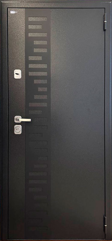 Металлическая дверь с терморазрывом Thermo Техно Декор-2 Букле чёрное/Snow Melinga. Выставочный образец